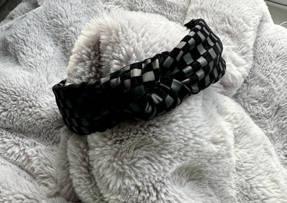 LR | Black Faux Leather & Velvet Checks Topknot Headband